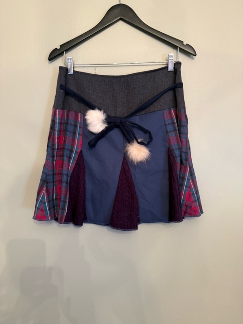 Made in Canada Encore Creations Recycled Mixed Media Boho Patchwork Plaid Skirt